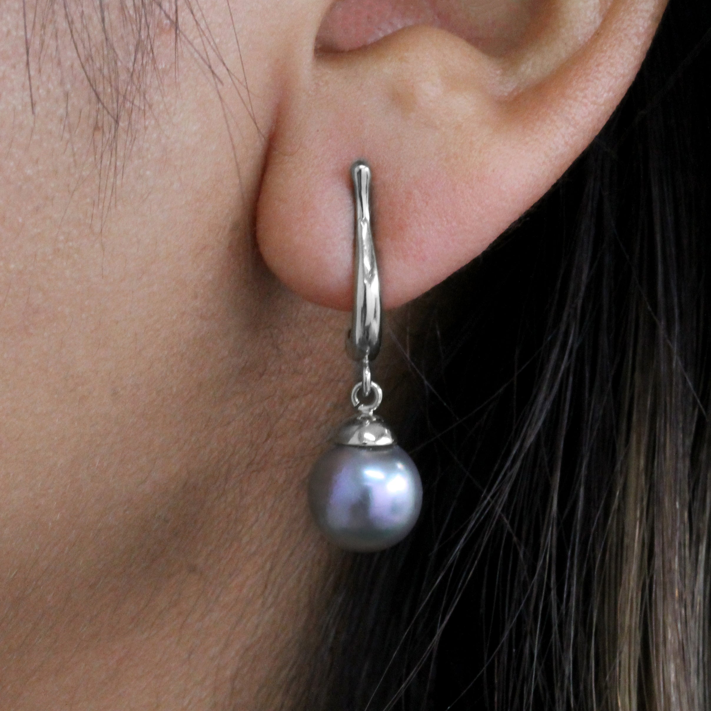 Purple with Sky Blue Pair of Cortez Pearls on "Lyre" 14K White Gold Earrings