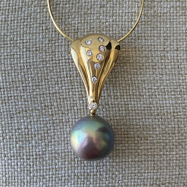 Lustrous and iridescent 11 mm Cortez Pearl in 18K Gold & Diamonds Pendant by Kathe Mai