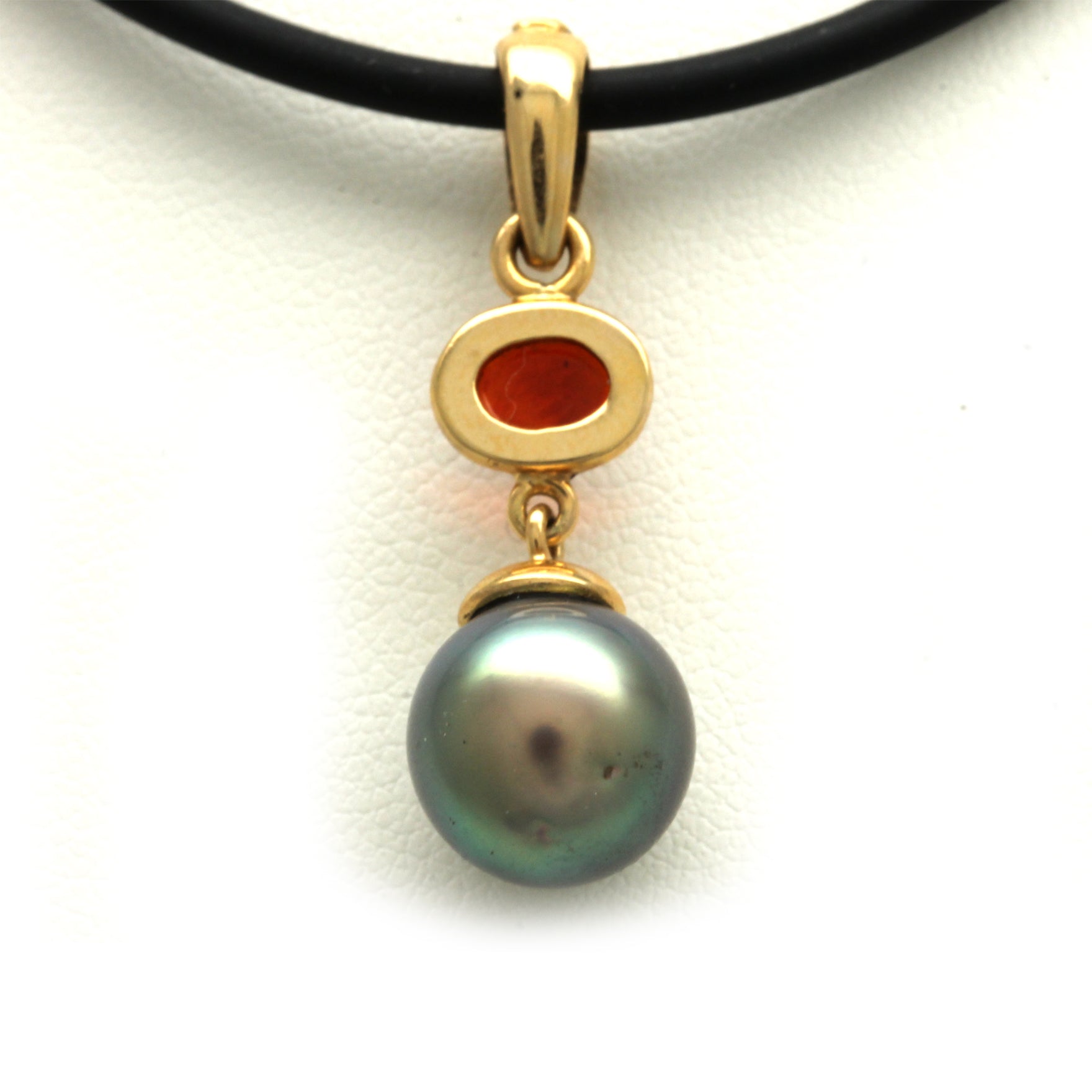 Cortez Pearl with a Strong Green Overtone and a Red Fire Opal set on 14KY Gold Pendant