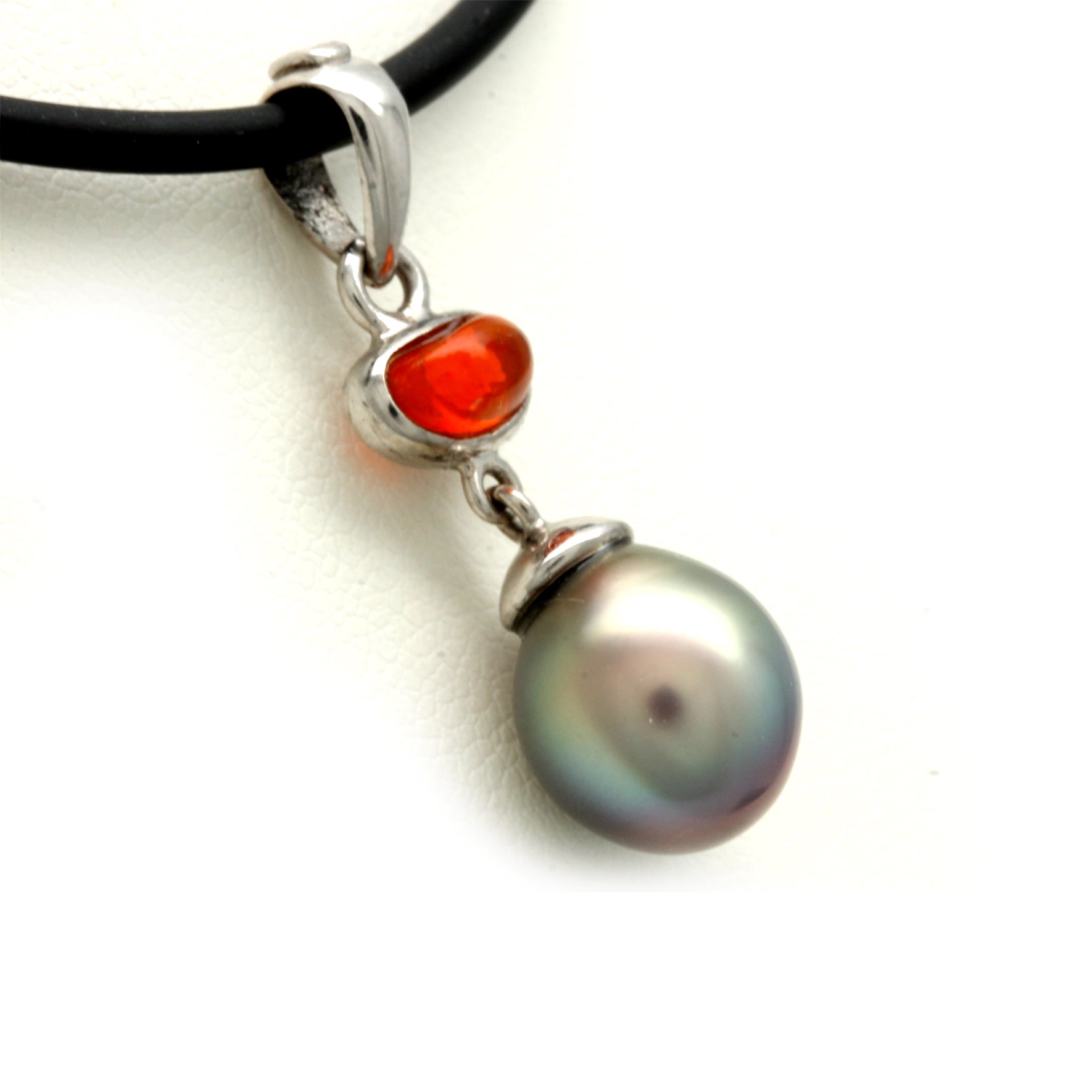 Blue/Green Cortez Pearl and Orange Fire Opal set on 14K White Gold Pendant