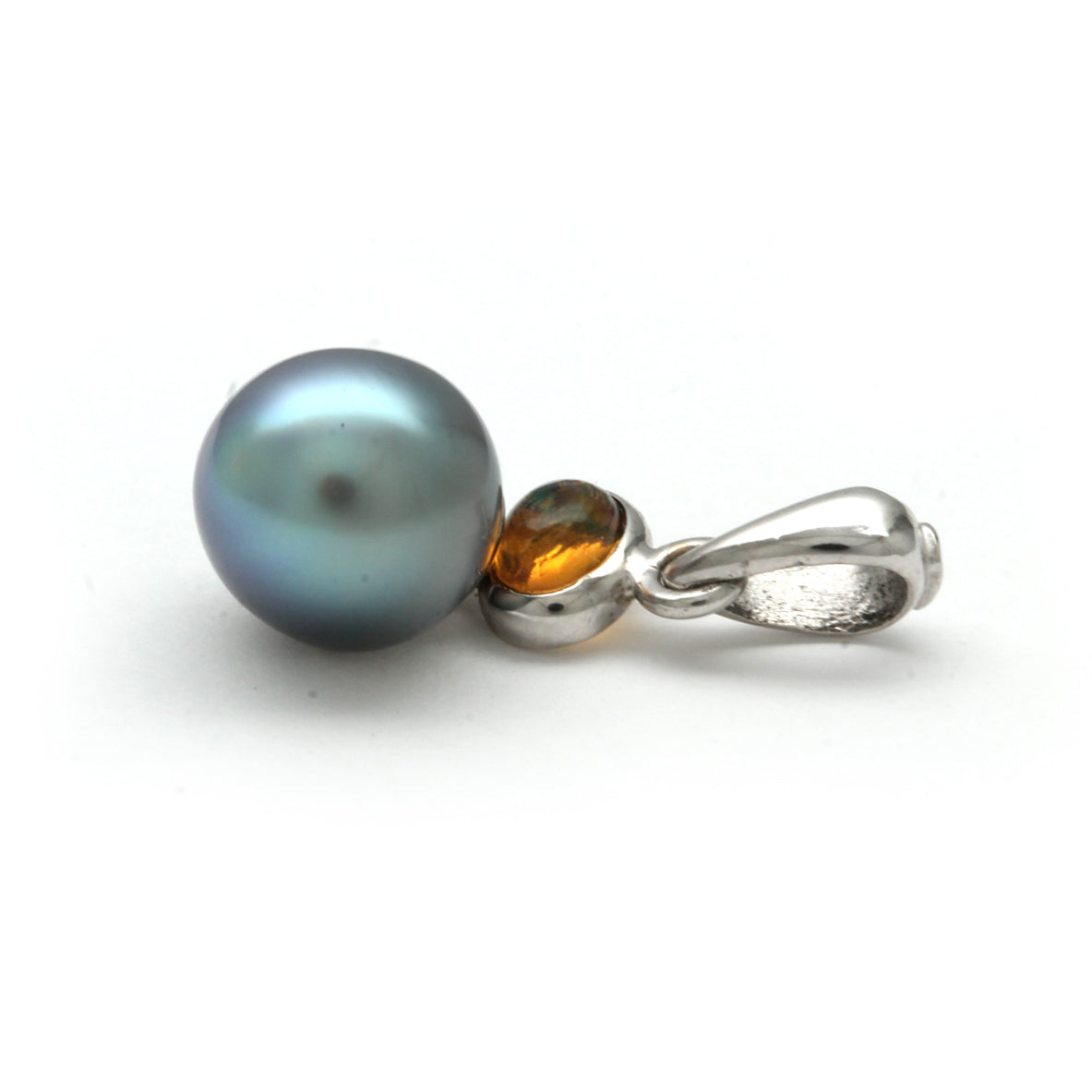 Deep Blue Cortez Pearl and Yellow/Orange Fire Opal set on 14K White Gold Pendant