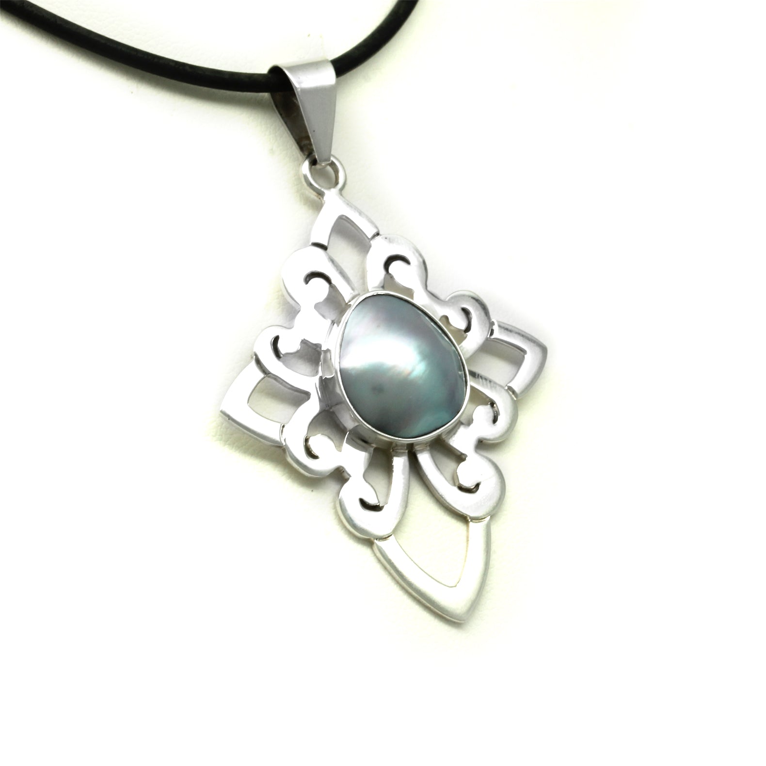 Light Iridescent Mabe Pearl on "Cross" Silver Pendant