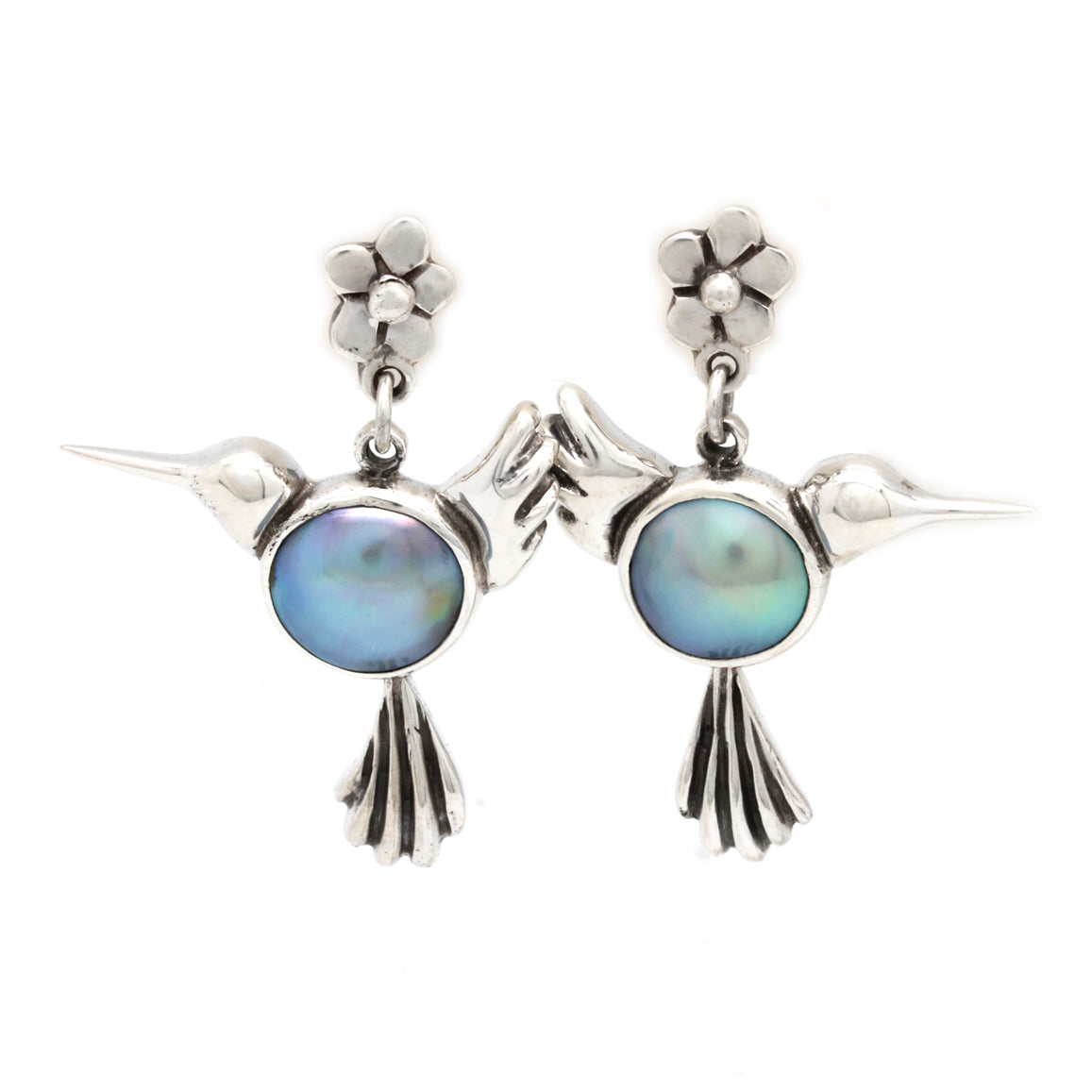 "Hummingbird" Silver Earrings with Cortez Mabe Pearls by Priscila Canales
