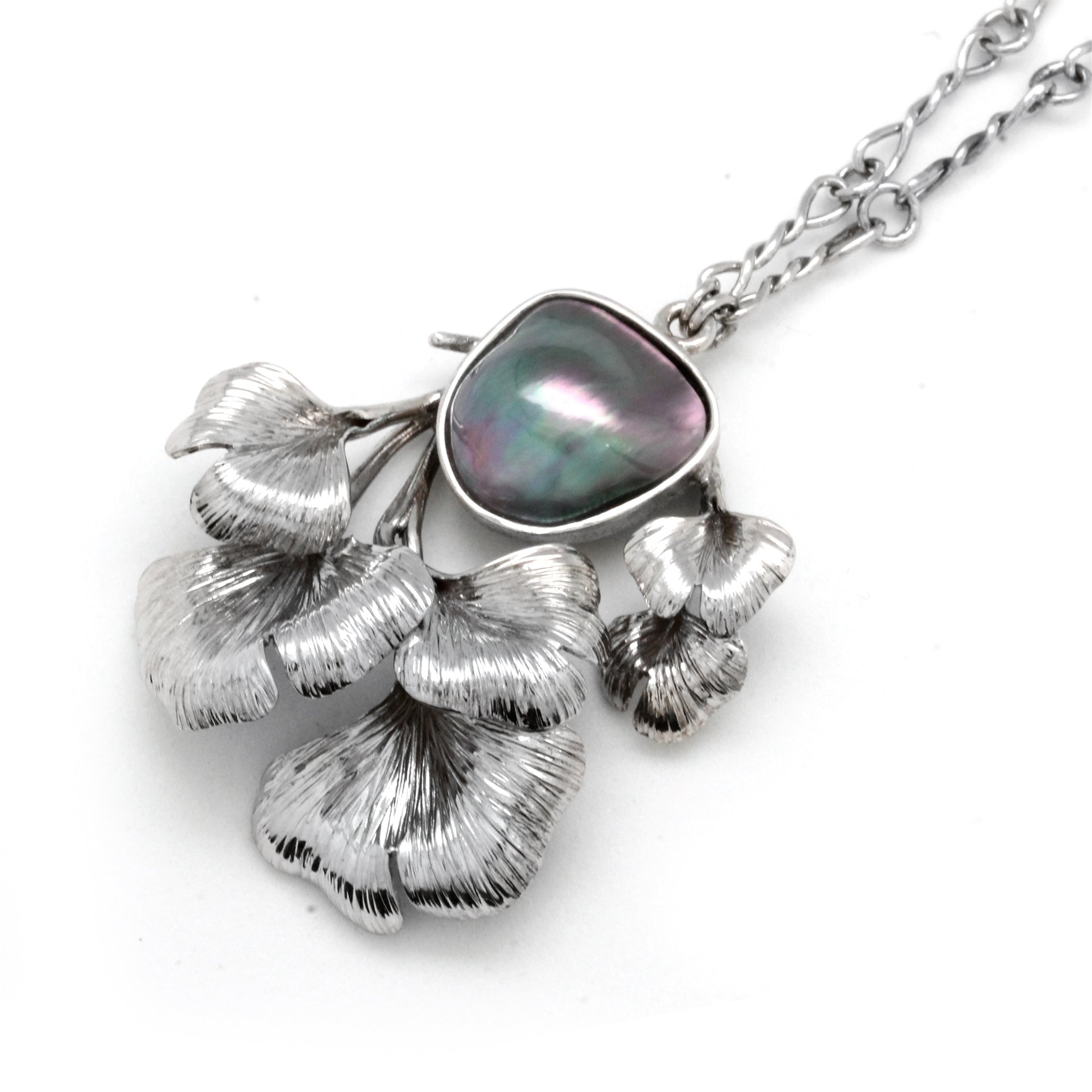 "Ginkgo" Beautiful Multicolored Cortez Mabe Pearl on Silver Necklace by "Hector Salgado"