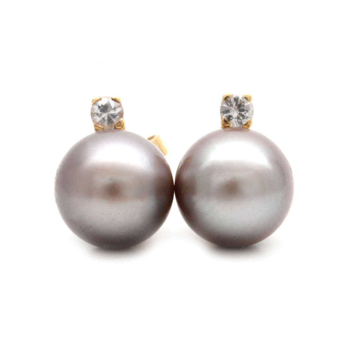 Bright Purple/Silvery Cortez Pearls on 14k earrings with Sapphires