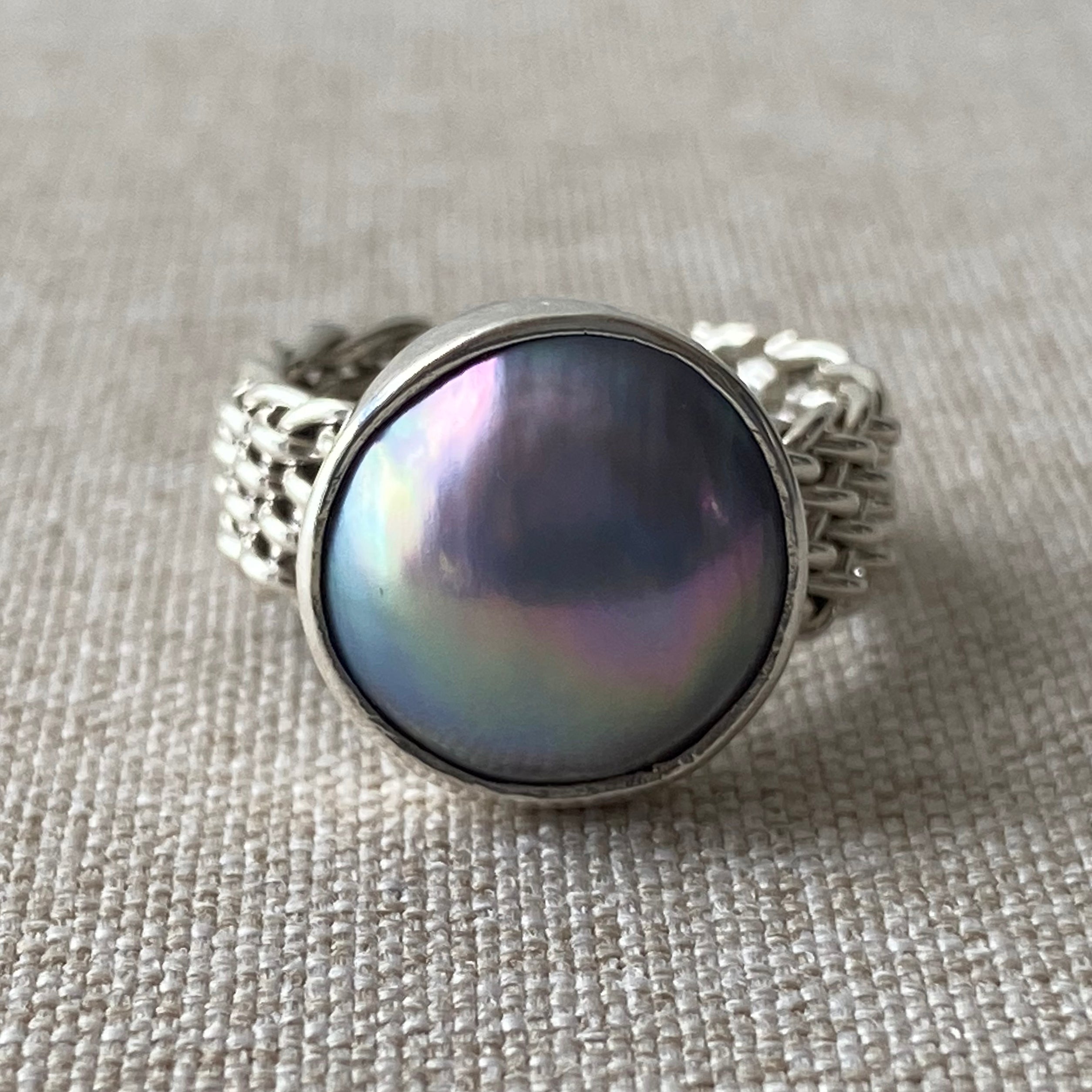 Iridescent Cortez Mabe Pearl on Silver Ring size 7