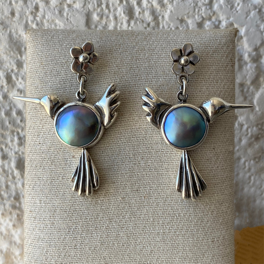 "Hummingbird" Silver Earrings with Cortez Mabe Pearls by Priscila Canales