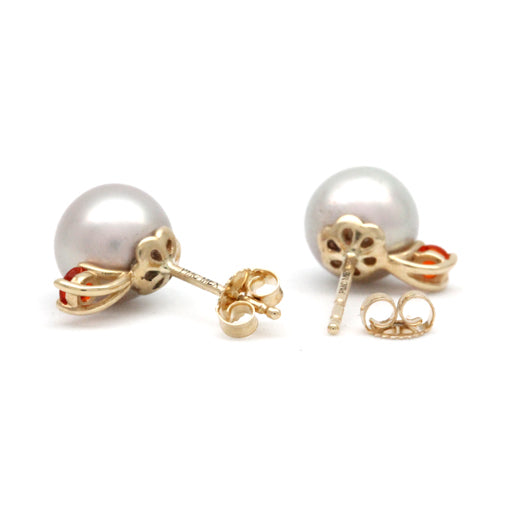 Bright Silvery Pink Cortez Pearls on 14k earrings with Fire Opal. All Mexican Gems.