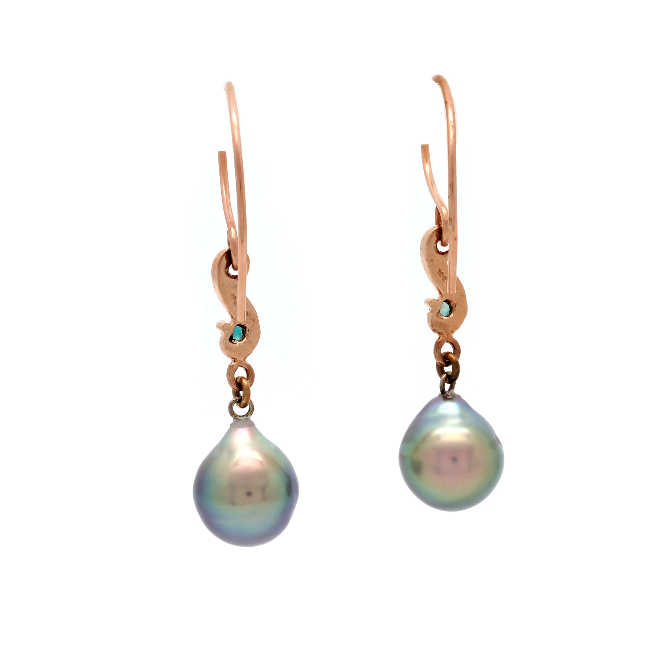 Gorgeous Green Cortez Pearls on 14K Rose Gold Earrings with Green/Blue Lazulite by Kathe Mai