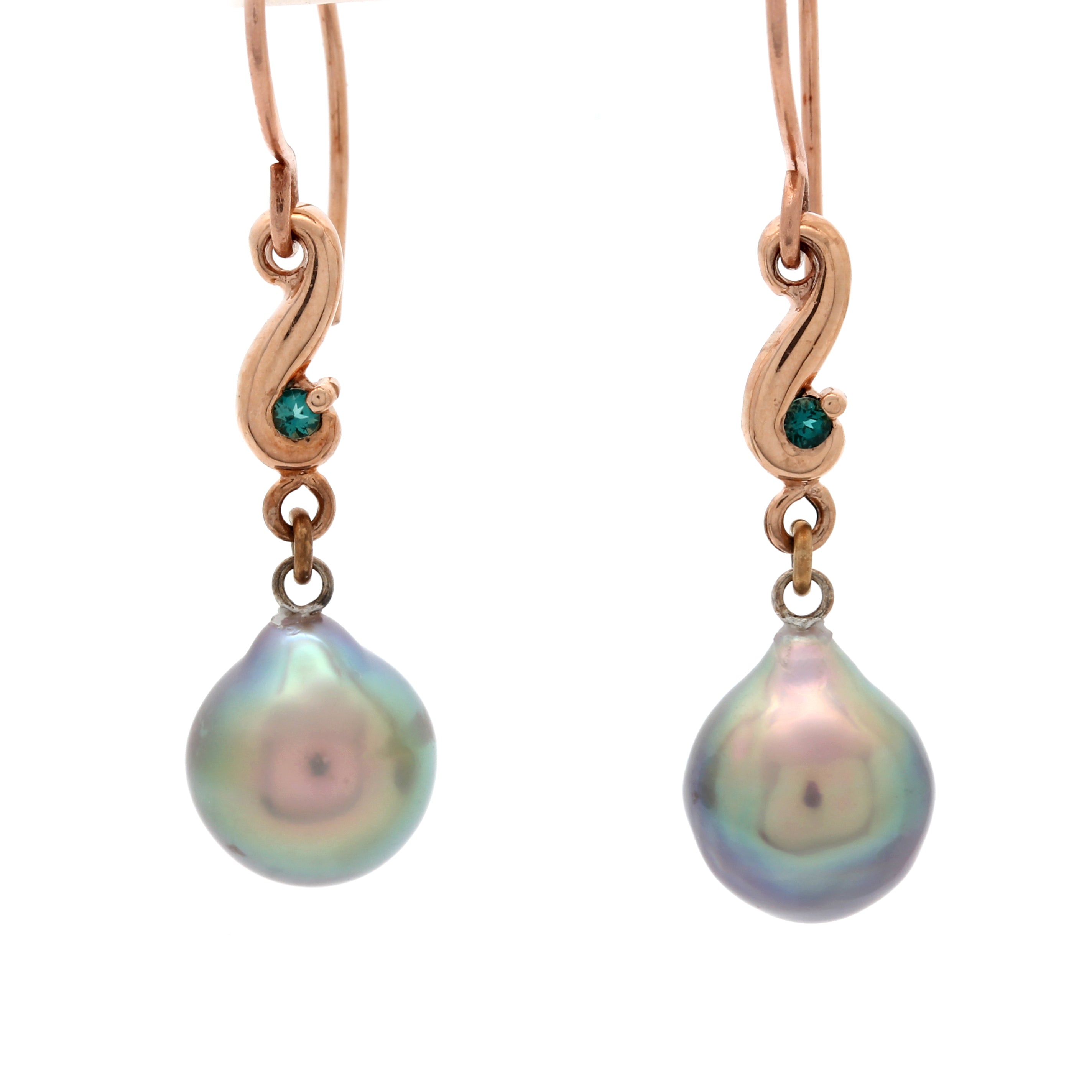 Gorgeous Green Cortez Pearls on 14K Rose Gold Earrings with Green/Blue Lazulite by Kathe Mai