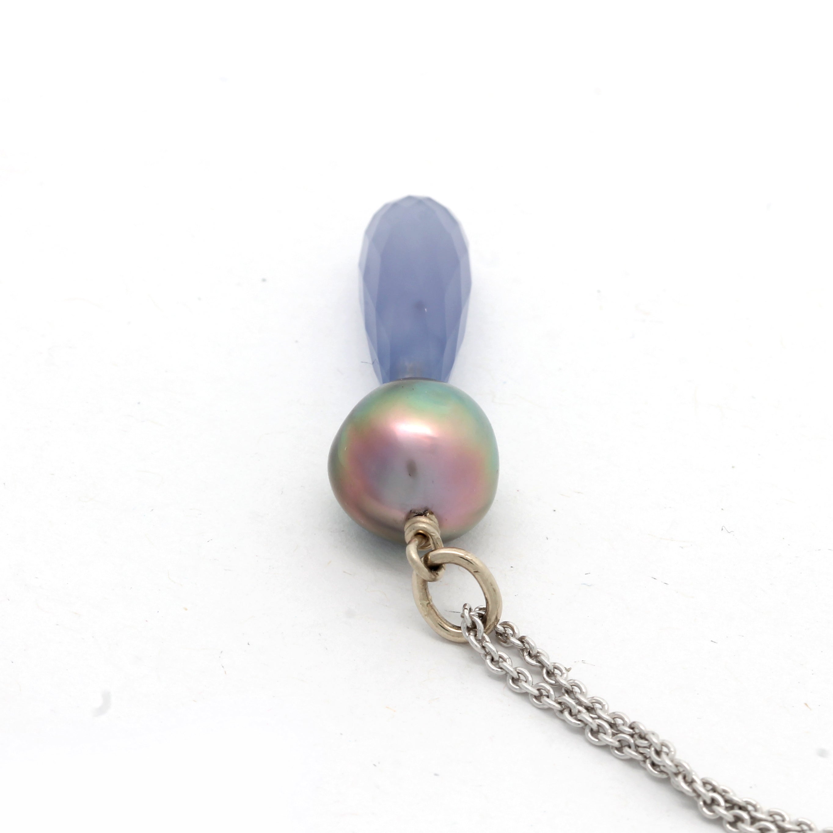Multicolored Green/Pink Cortez Pearl on White Gold Pendant with a Heavenly-Blue Chalcedony