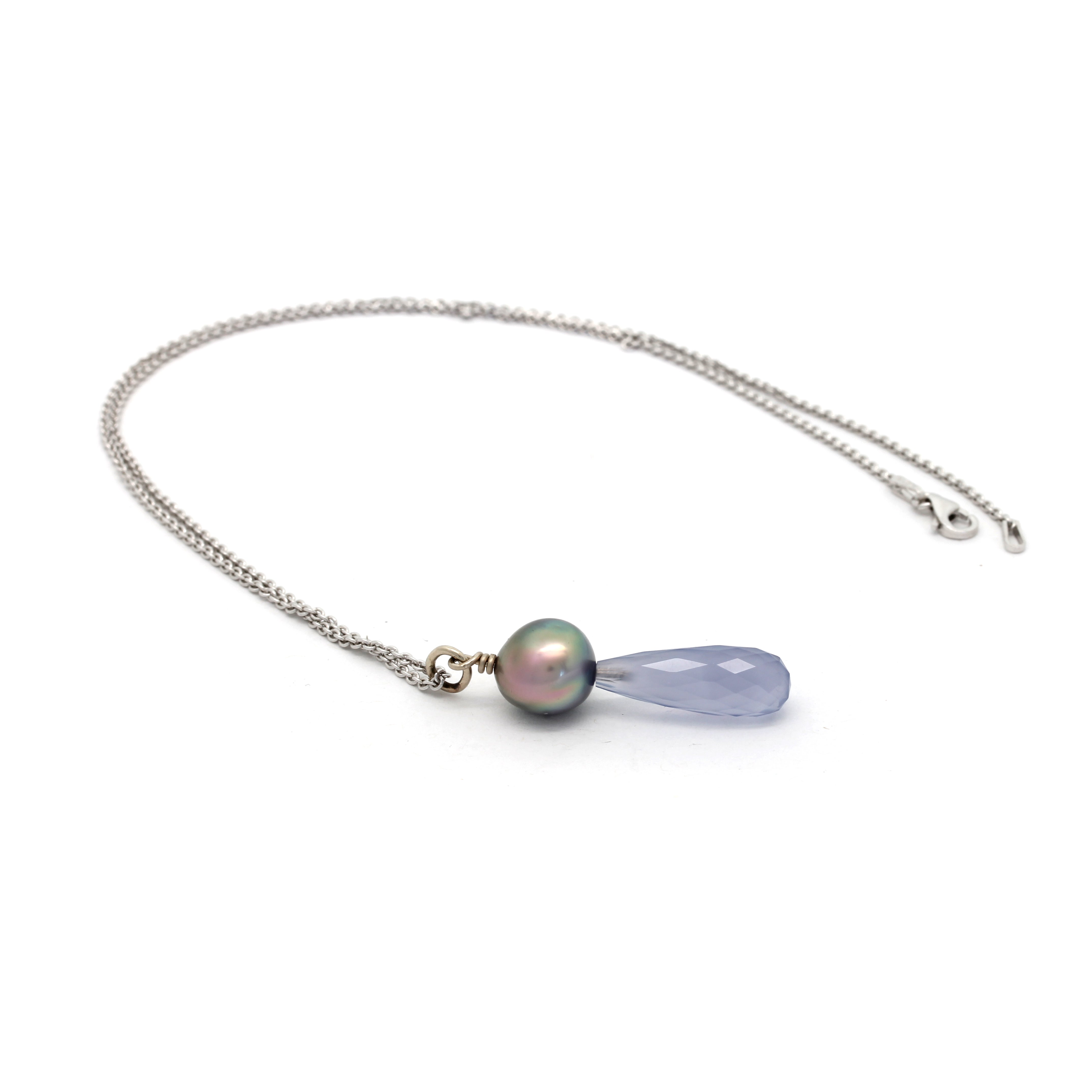 Multicolored Green/Pink Cortez Pearl on White Gold Pendant with a Heavenly-Blue Chalcedony