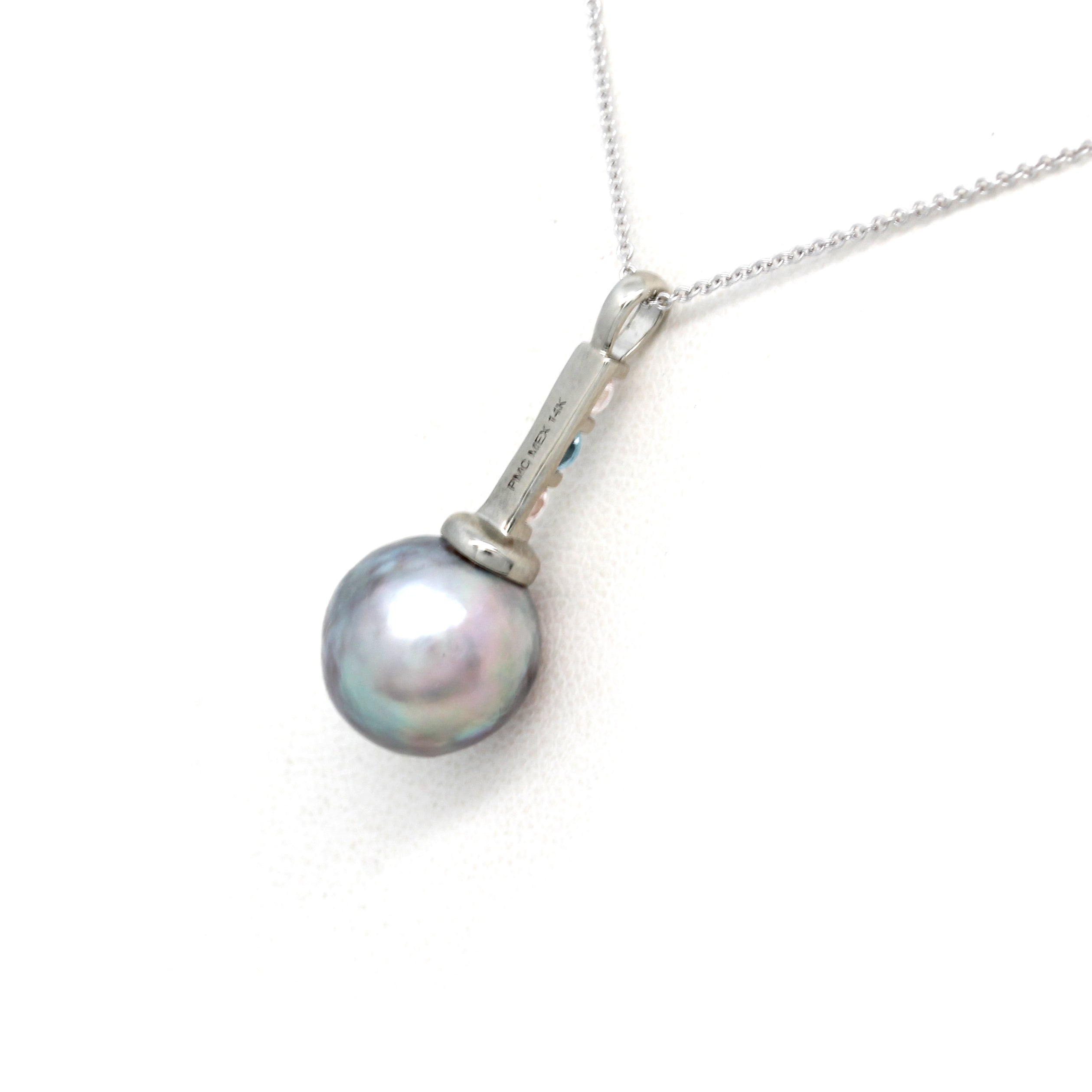 Gorgeous Pink/Green Cortez Pearl on 14K White Gold Pendant with Heliolites and Sapphire (Includes Gold Chain)