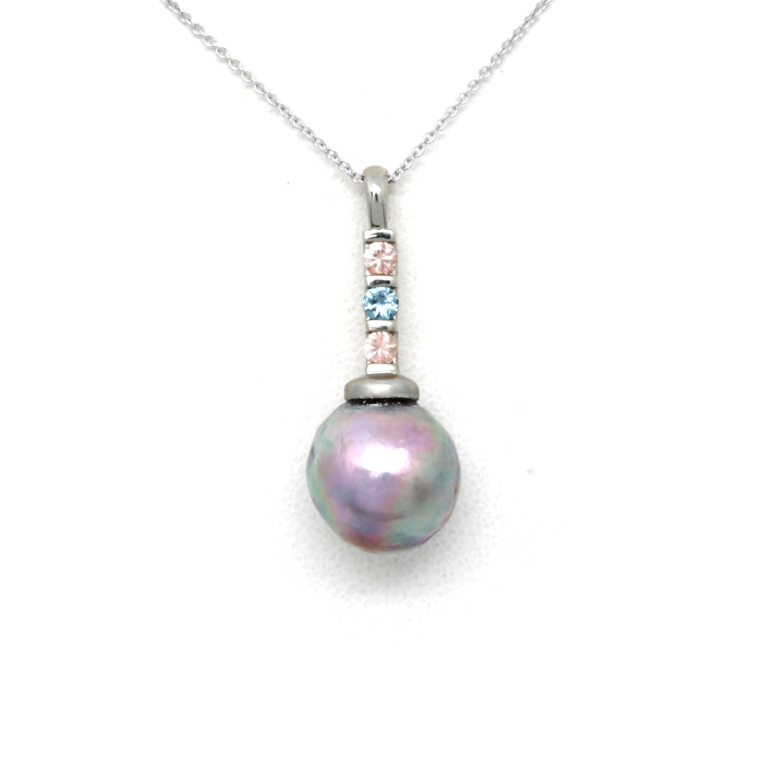 Gorgeous Pink/Green Cortez Pearl on 14K White Gold Pendant with Heliolites and Sapphire (Includes Gold Chain)